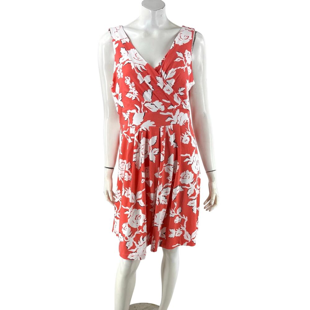 Lands End Womens Dress Size XL Petite Orange White Floral V Neck Sleeveless